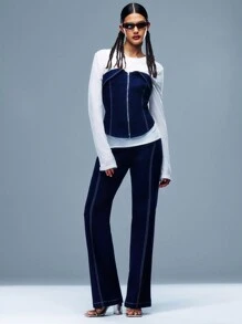 SHEIN Unity 牛仔拉链前折叠无肩带上衣 - 寶藍色 - 查看 5