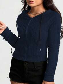 Calvaya Plus Size Women's Solid Color Zip-Up Hooded Long Sleeve Sweatshirt, Spring & Autumn Fall Winter - Navy Blue - View 4