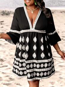 Slaydiva Robe mini grande taille pour femmes avec col en V, manches 3/4, volants à l'ourlet, coupe décontractée, imprimé géométrique, pour vacances, sexy et décontracté, printemps et été