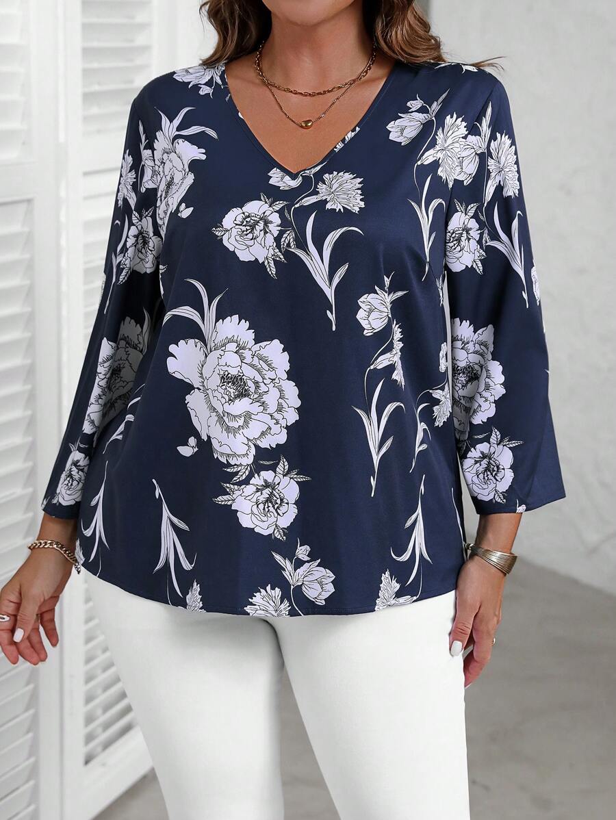 EMERY ROSE Plus Size Fall Women's Floral Print V-Neck 3/4 Sleeve Loose Blouse - Blue and White - View 1
