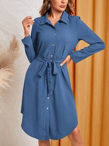 EMERY ROSE 女式纯色腰带前扣长袖连衣裙 - 霧霾藍 - 查看 5