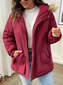SHEIN LUNE 加大码纯色简约日常长袖加厚棉服外套冬季 - 酒紅色 - 查看 3