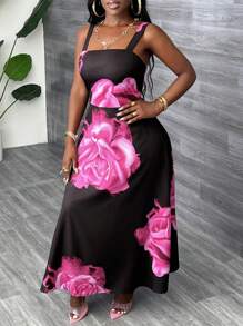 Slaydiva Summer New Style Casual Holiday Elegant Daily Date Vest Wide Strap Waist A-Line Skirt Full Black Bottom Red Flower Print Women's Long Dress