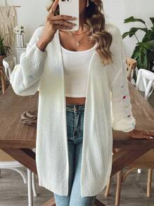 Chiquease Polka Dot Decor Casual Cardigan, Spring & Autumn - White - View 3