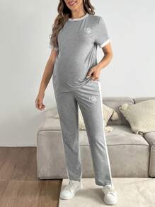 SHEIN Maternity Simple Round Neck Short Sleeve Patchwork Top And Loose Pants 2-Piece Casual Set - Grey - View 6
