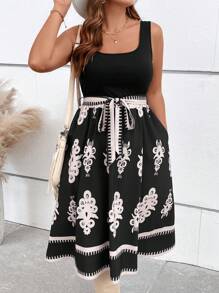 SHEIN VCAY Plus Size Solid Color Vacation Splicing 2 In 1 Tank Dress