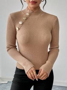 SHEIN Clasi 女士修身纯色纽扣装饰针织套头衫，秋冬款 - 卡其色 - 查看 4
