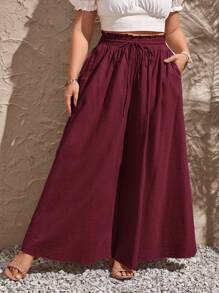 SHEIN VCAY Plus Drawstring Waist Wide Leg Summer Pants - Burgundy - View 1