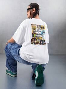 Rick and Morty X SHEIN 大码休闲外出节 Y2K 街头服饰白色涂鸦卡通图案宽松短袖 T 恤 - 白色 - 查看 1