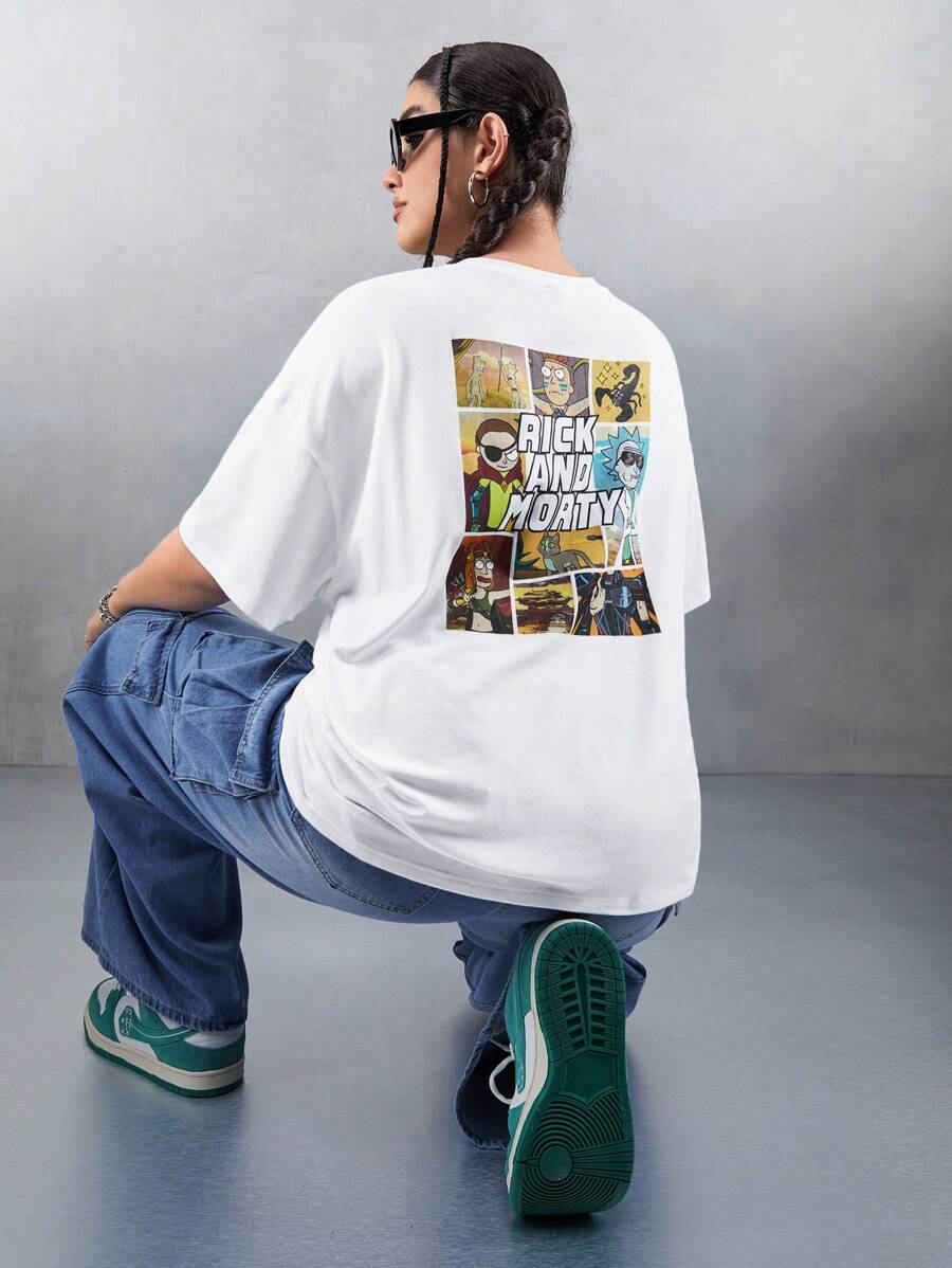 Rick and Morty X SHEIN 大码休闲外出节 Y2K 街头服饰白色涂鸦卡通图案宽松短袖 T 恤 - 白色 - 查看 1