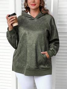 EMERY ROSE Plus Size Women's Casual Hooded Long Sleeve Fuzzy Sweatshirt For Fall & Winter With Pockets - Army Green - View 3