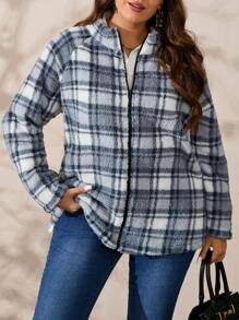 EMERY ROSE Plus Size Women's Plaid Raglan Sleeve Fleece Casual Fuzzy Jacket, Autumn Winter