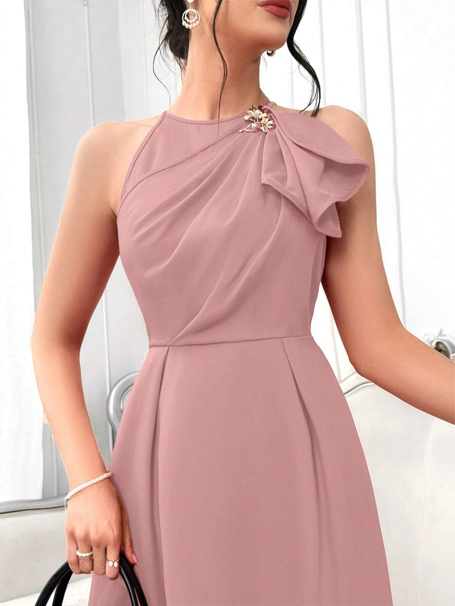 Modelyn Women's Summer Solid Color Ruffle Hem Pleated Maxi Sleeveless Elegant Dress Long Evening Dresses