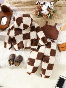 SHEIN Baby Girl Plaid Print Hooded Top With Zipper And Elastic Waist Pants Casual Set, Autumn Winter - Brown - View 2