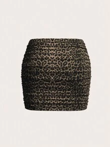SHEIN MOD Women Leopard Print Mesh Ruched Bodycon Mini Skirt - Brown - View 2