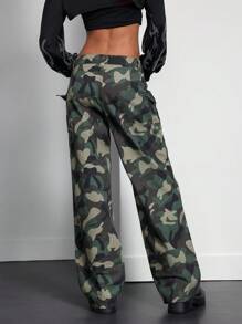 Front Button Pocket Camo Print Casual Denim Jeans Fall Women Clothes - Multicolor - View 3