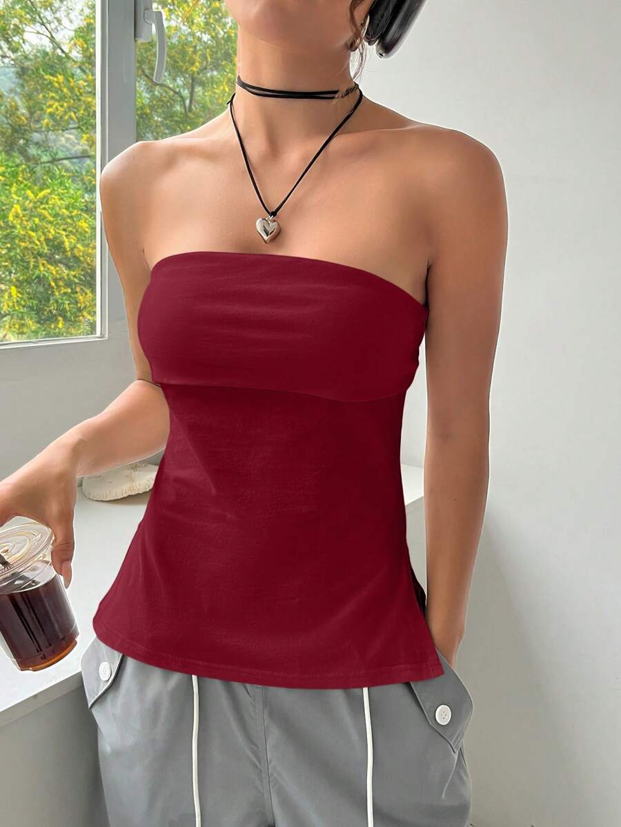 SHEIN EZwear Summer Outfits Solid Split Hem Tube Top - Rose Red - View 1