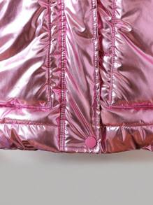 SHEIN Young Girls' Winter Fashionable Hooded Padded Coat With Laser Reflective Collar - Hot Pink - View 3