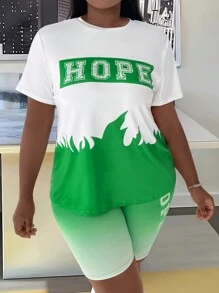 Maweii Plus Size Dames Zomer Letter Print Ronde Hals Korte Mouw T-shirt En Shorts Casual 2-delige Set