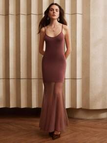 Anewsta Maillard Color Camisole Knitted Contrast Mesh Sheer Fishtail Hem Layering Sweater Dress - Rust Brown - View 3