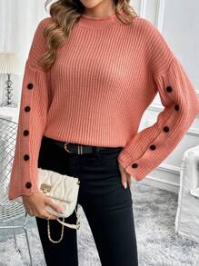 SHEIN LUNE Women's Solid Color Button Decor Stand Collar Long Sleeve Pullover Sweater, Knit Pullover Fall Winter - Pink - View 3