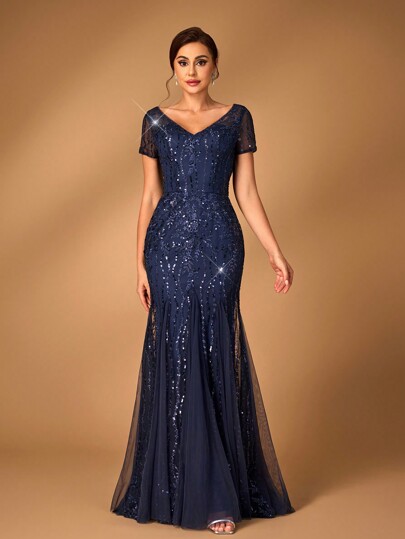 Serin Granatowa suknia wieczorowa z dekoltem w kształcie litery V, luksusowa, cekinowa, koronkowa i siatkowa, o kroju syreny, odpowiednia na ślub, imprezę, studniówkę, mamę panny młodej