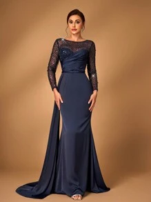 Serin Elegante vestido longo de noiva ou mãe da noiva com manga longa ilusão, azul marinho luxuoso, com aplicação de miçangas e lantejoulas, recortes em cetim e drapeado lateral - Azul Marinho - Visão 1