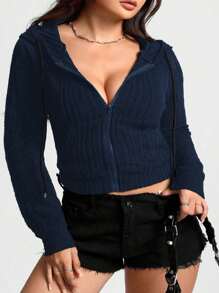 Calvaya Plus Size Women's Solid Color Zip-Up Hooded Long Sleeve Sweatshirt, Spring & Autumn Fall Winter - Navy Blue - View 5