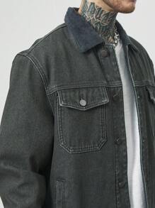 Manfinity Homme Men's Solid Color Front Button Pocket Casual Denim Jacket - Light Wash - View 6