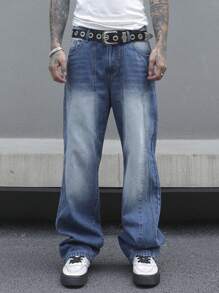 Manfinity Homme Vaqueros holgados de corte recto con bolsillos, casuales para hombre