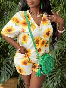 Slaydiva 两件套热带植物印花上衣和短裤套装，女士休闲沙滩度假装 - 彩色 - 查看 1