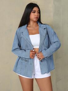 SHEIN EZwear Plus Size Casual Denim Collar Jacket, Spring Autumn