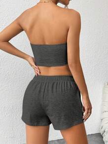 SHEIN PETITE Bộ đồ hai mảnh thường ngày màu trơn dành cho nữ - Màu xám đen - Xem 2