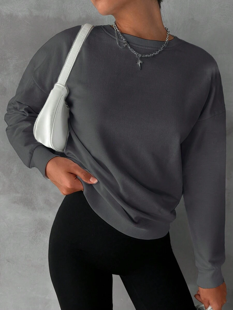 RueChic Solid Drop Shoulder Sweatshirt For Autumn - Dark Grey - View 1