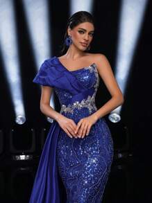 SHEIN Belle Elegant Navy Blue Asymmetrical Neck Sleeve Decor Satin & Sequins Mermaid Fishtail Gown With Luxurious Beaded Decor, Suitable For Weddings, Parties, Galas, And Special Occasions (Heavy Embroidery), Formal Evening Prom Dress, For Wedding Guest, Graduation, Dinner Party Dress - Royal Blue - View 2