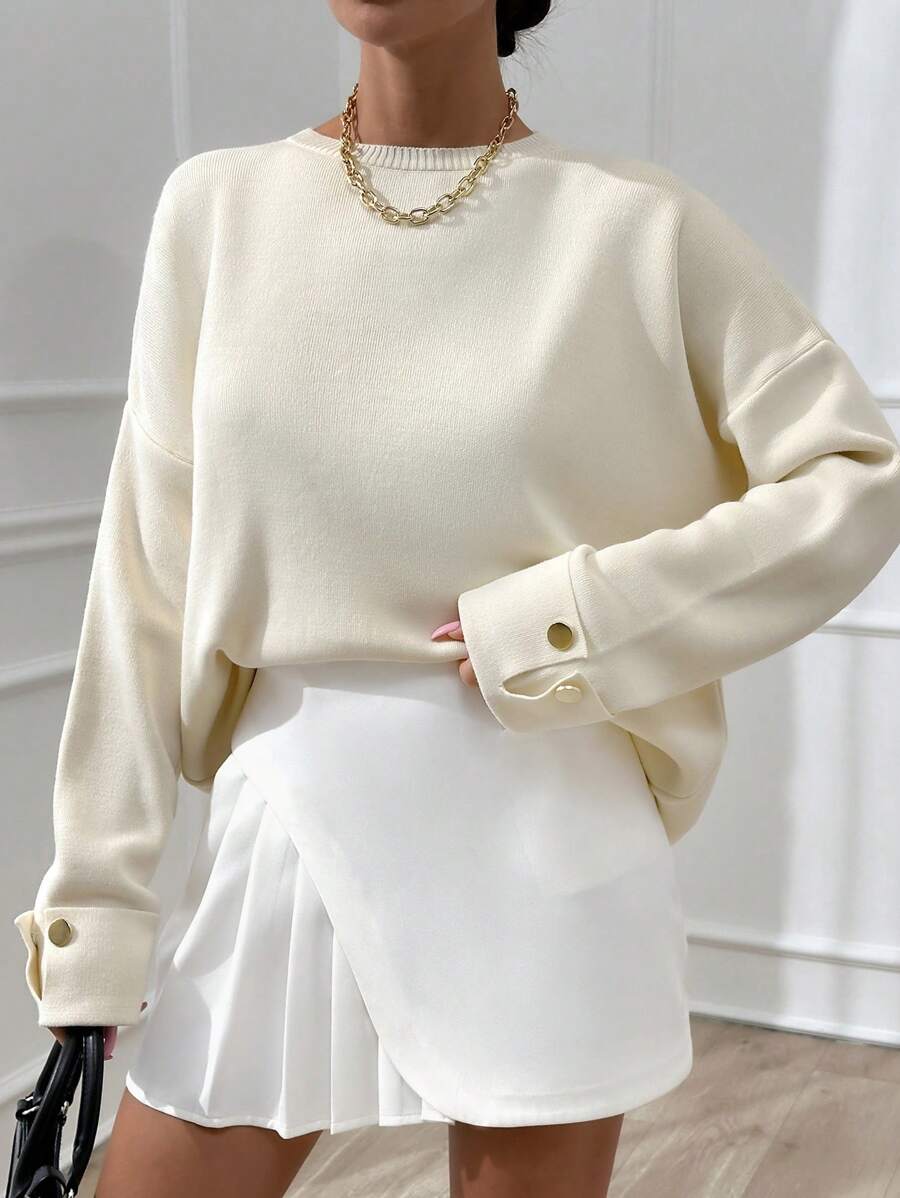 EURMUSE Woman Double Sleeve Button Detailed Oversize Thick Winter Sweater Warm Touch - Beige - View 1
