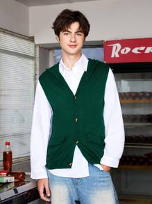 Manfinity Sporsity Men's Solid Color Patchwork Button-Up Long Sleeve Sweater With Pocket, Casual Wear