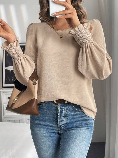 Easowa Women's Round Neck Solid Color Ruffled Bell Sleeve Blouse, Spring/Summer Business Casual Woman,Long Sleeve Tops