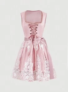 SHEIN Privé 女士优雅慕尼黑啤酒节蕾丝边方领交叉肩带可拆卸蕾丝围裙 A 字迷你连衣裙 - 藕粉色 - 查看 2