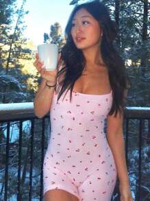 INAWLY Women's Summer Cherry Print Bodycon Casual Jumpsuit - Pink - View 3