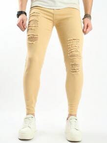 Manfinity Homme بنطلون جينز ممزق لون أحادي بسيط للرجال ، كاجوال للاستخدام اليومي - كاكي - مشاهدة 5