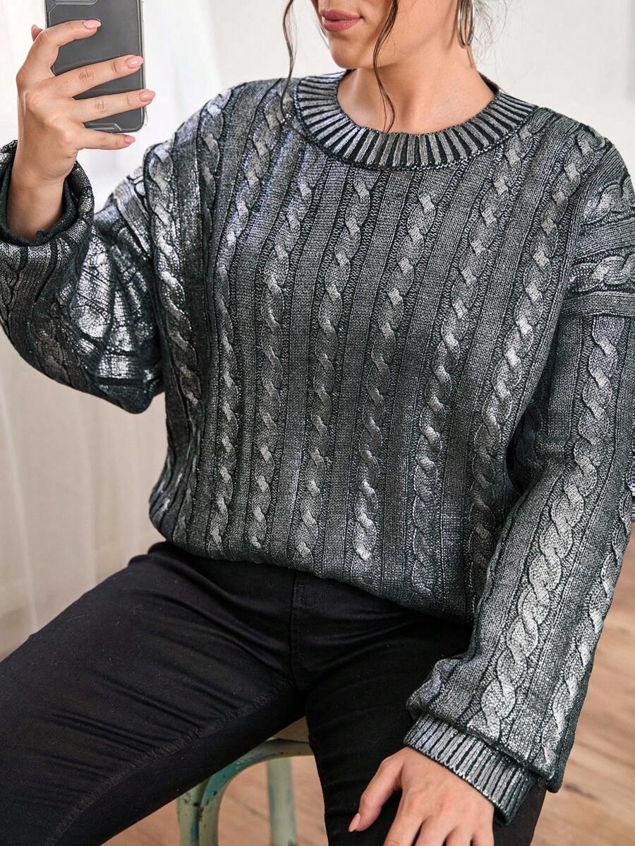 RueChic Cable Knit Drop Shoulder Sweater - Grey - View 1