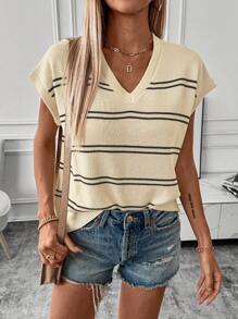 SHEIN LUNE Vestă de pulover cu mâneci liliac cu dungi cu decolteu în V, ținută ocazională de zi cu zi - Multicolor - Vizualizare 1