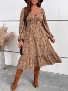 SHEIN VCAY Đầm tay đèn lồng họa tiết báo kỳ nghỉ cỡ lớn mùa thu - Nhiều màu - Xem 5