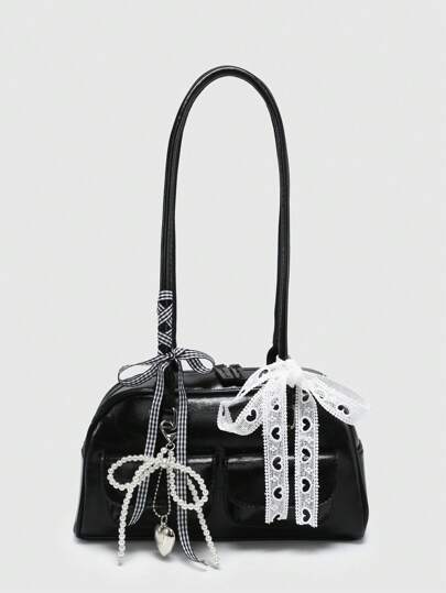 Kawaii Women Retro Sweet Plaid Bow Decor Cherry Heart Shoulder Underarm Bag With Multi Pockets Boston Handbag, School