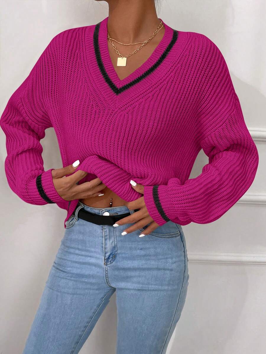 Cloudara Women's Casual Loose Fit V-Neck Striped Long Sleeve Pullover Sweater For Autumn Fall Clothes Fall Women Outfits - 玫紅色 - 查看 1
