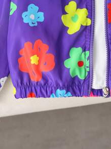 SHEIN Jong meisje Casual all-match Veelzijdige herfst/winter nieuwe collectie Schattig patroon Bloemenprint Marineblauw jack met capuchon en ritssluiting, geschikt voor herfst, winter, vrijetijdskleding, homewear, dagelijks gebruik, koud weer, winddicht, regendicht, gelaagdheid