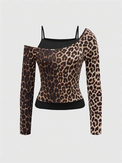 MEOKIM Women's Leopard Print Sweater Y2K Leopard Print