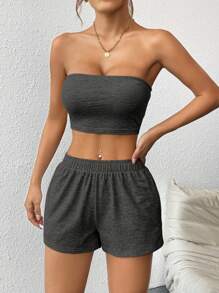 SHEIN PETITE Bộ đồ hai mảnh thường ngày màu trơn dành cho nữ - Màu xám đen - Xem 1