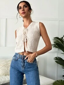 SHEIN Privé Women's Basic Casual Fashionable Elegant Front Tie Textured Knitted Sweater Vest - Apricot - View 1